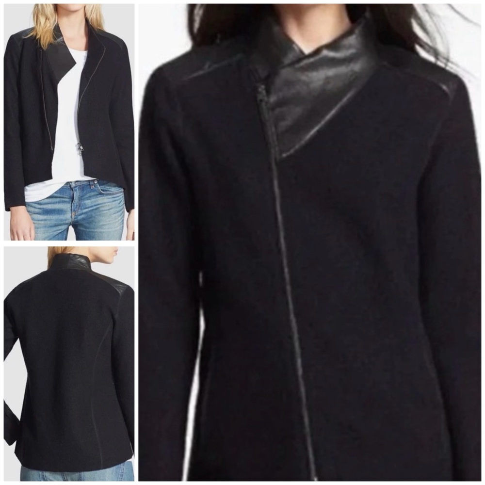 Eileen Fisher Boiled Wool & Leather Moto Sweater Jacket, Fitted - Womens Medium